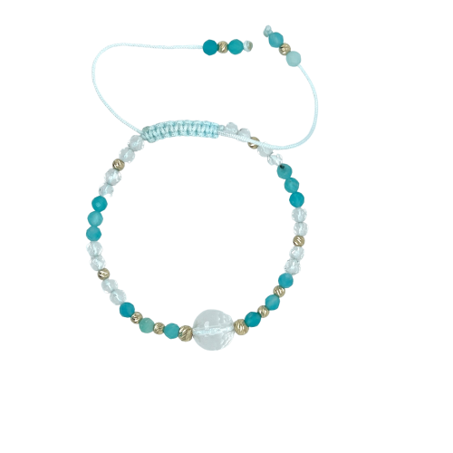 Złoty choker bransoletka z kryształem i amazonitem kulki próby 585