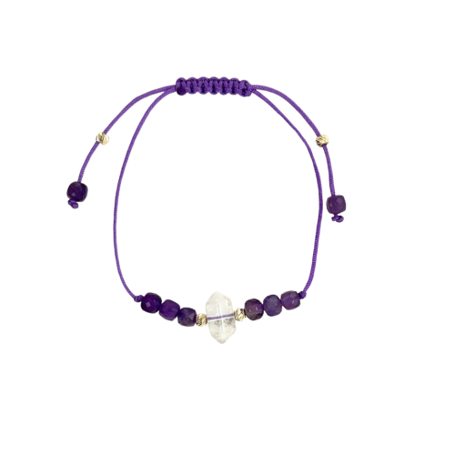 Złota bransoletka handmade z grotem i ametystem 585