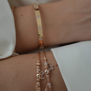 Złota sztywna bransoletka kwiatuszki rose gold próby 585