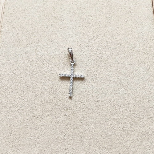 Krzyżyk z białego złota z cyrkoniami  minimalistyczny próby 585