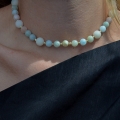 Złoty zestaw choker bransoletka z morganitem i jadeitem próby 585