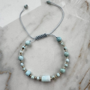 Złota bransoletka larimar 18 kulek próby 585
