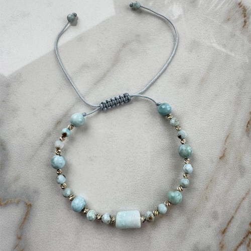 Złota bransoletka larimar 18 kulek próby 585