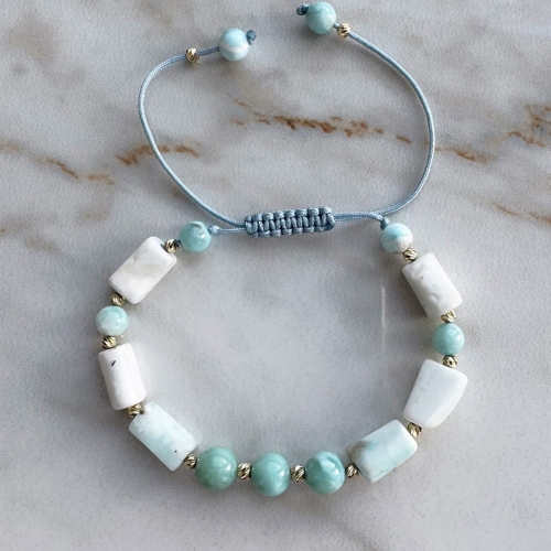 Złota bransoletka larimar 14 kulek próby 585