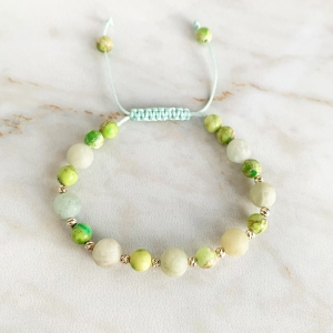Złota bransoletka handmade z morganitem i jaspisem – próba 585