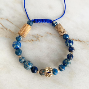 Złota bransoletka z jaspisem i beczułką handmade 585